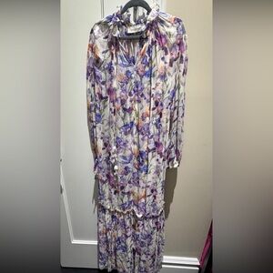 Zimmermann White Floral Tie-Neck Maxi Dress with Purple & Peach Blooms